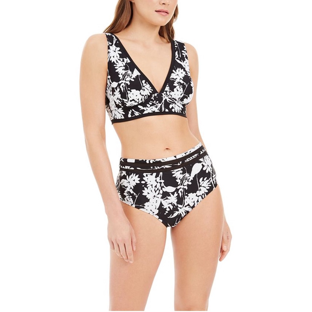 TOMMY HILFIGER Black and White Mesh-Trim Floral Bikini